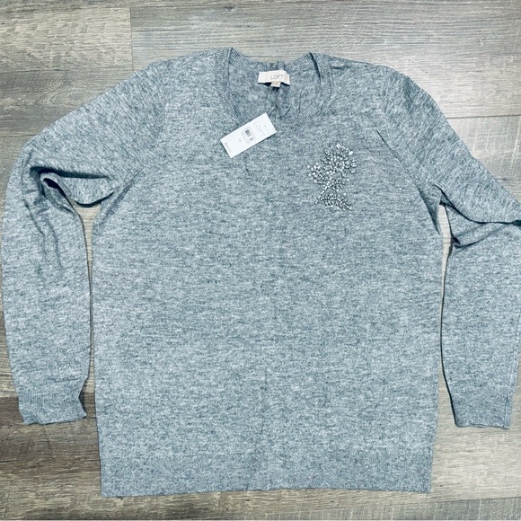 LOFT HEATHER GREY EMBELLISHED SWEATER (M) - Picture 3 of 13